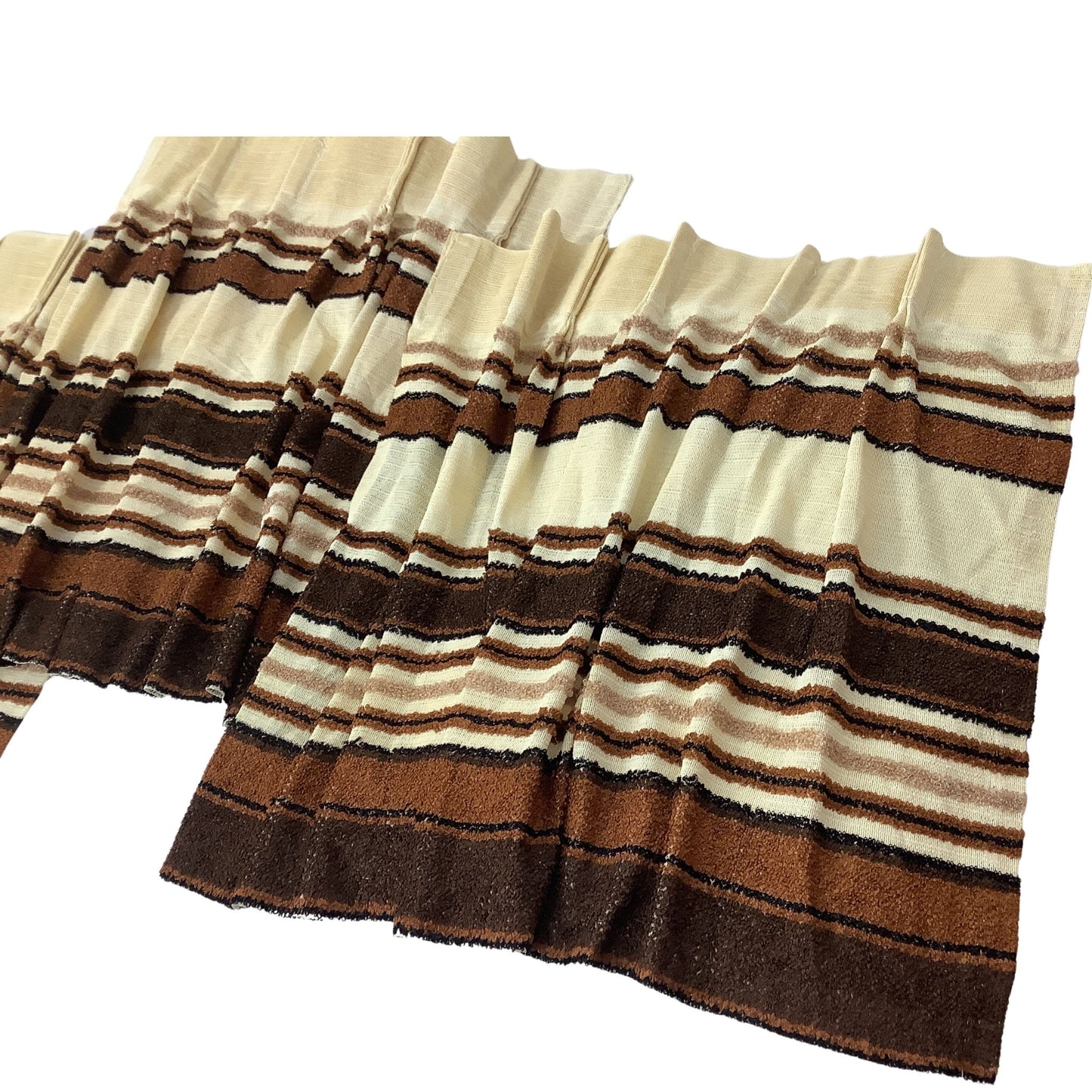 Side by side cafe curtain set featuring horizontal stripes in beige, black and brown, on a plain white background.