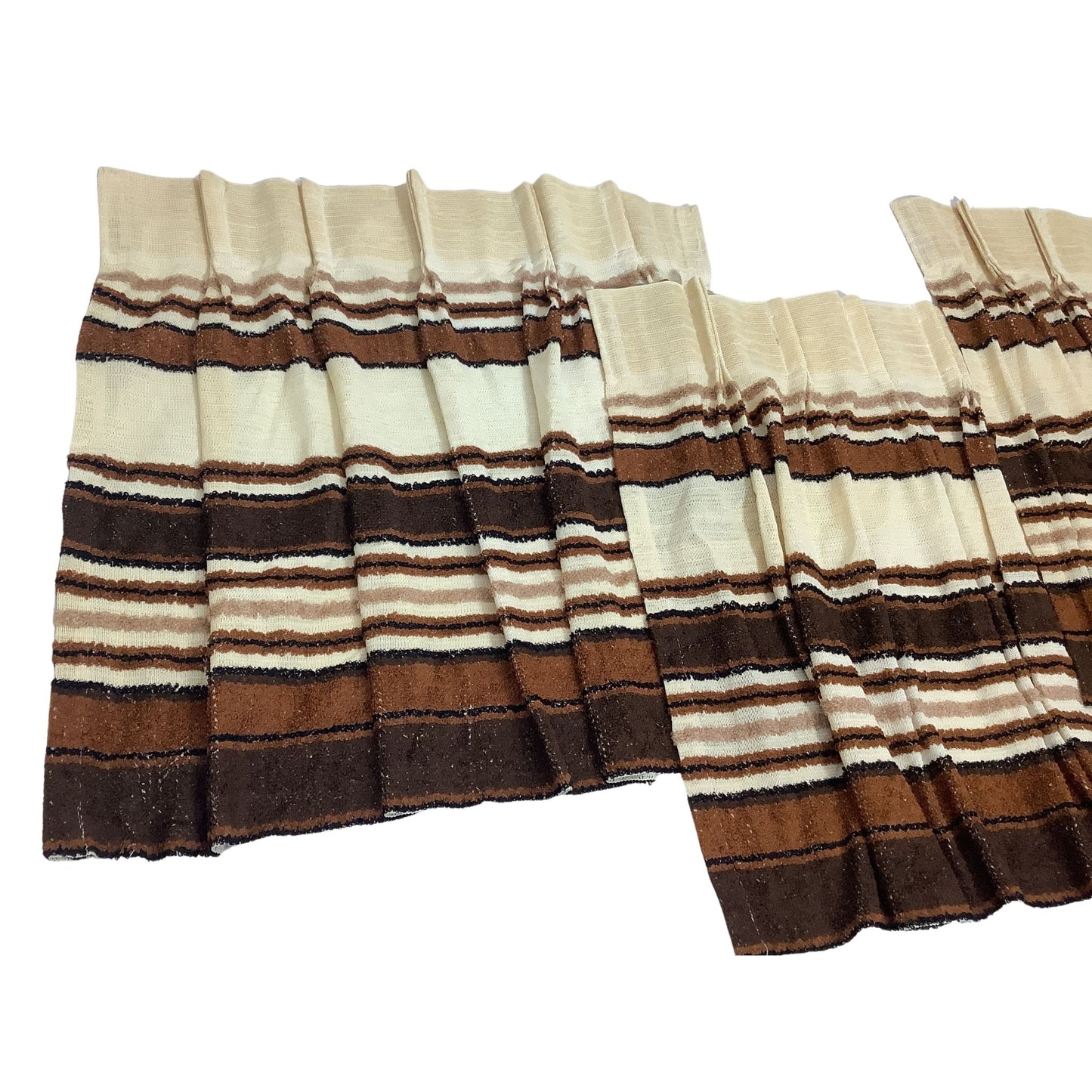 Side view of three pleated cafe curtain panels with horizontal stripes in beige, black, and brown, arranged on a plain white background.