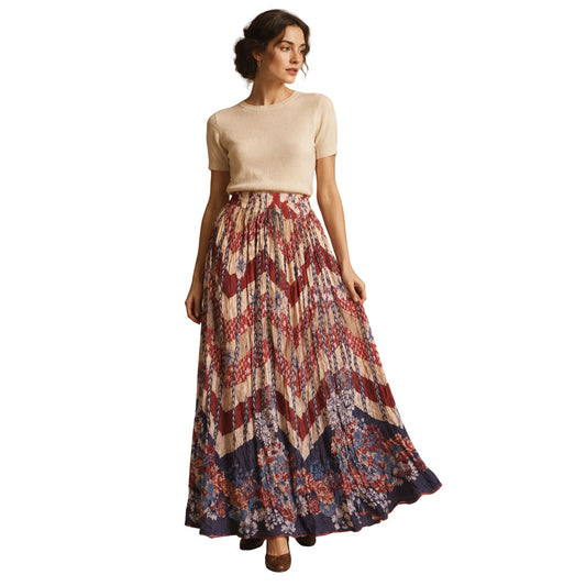 Model wearing a vintage chevron maxi broomstick skirt in an editorial-style photo.