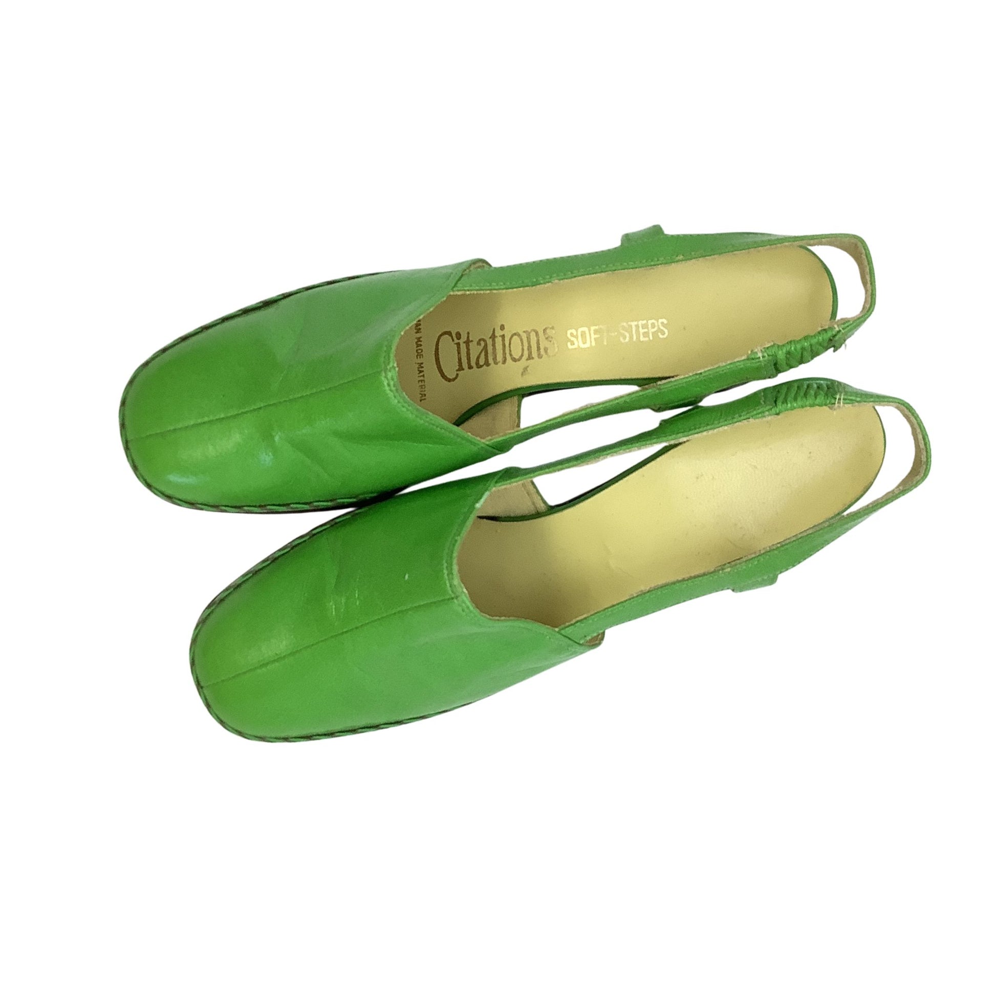 Vintage 1970s Citations green slingbacks, top view, round toe, whip stitching, elastic back strap.
