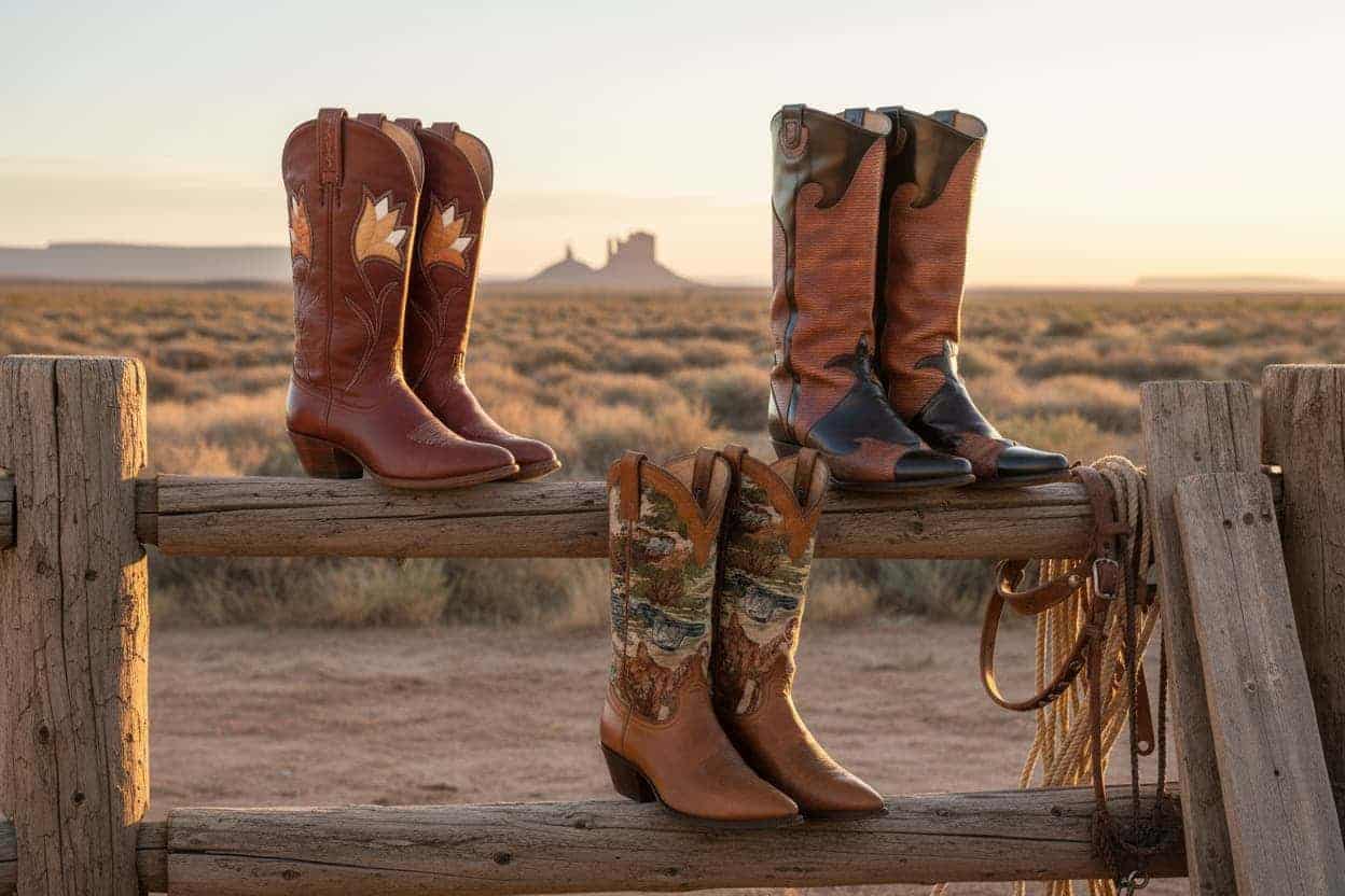 Four pairs of cowboy boots on a wooden fence with a desert landscape in the background