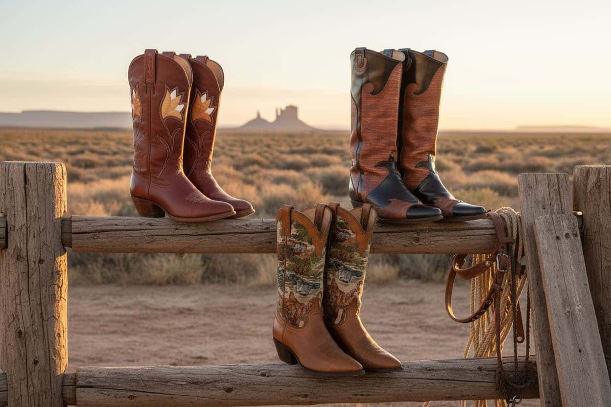 3 Pair of cowboy boots on a wooden fence with a desert landscape in the background