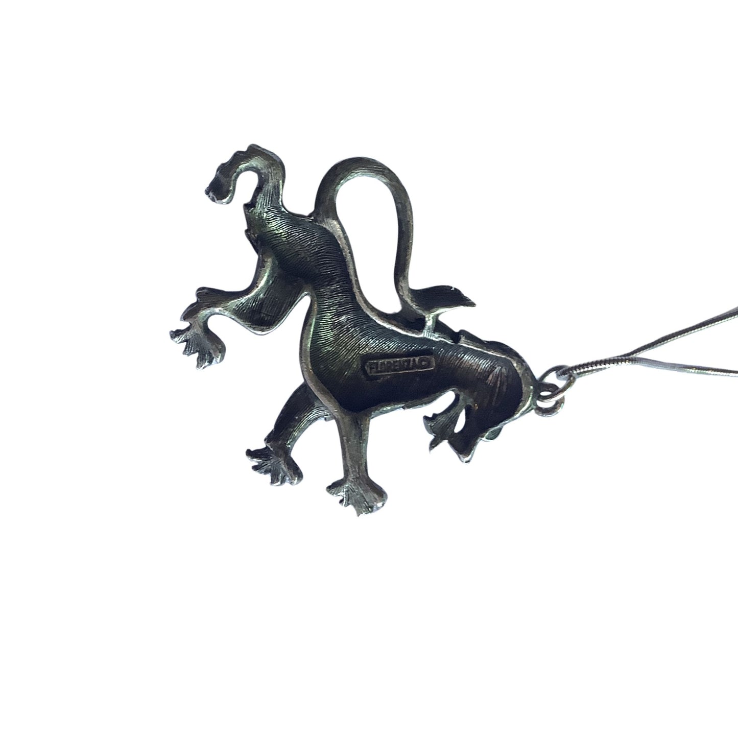Vintage Florenza tarnished lion pendant signature view