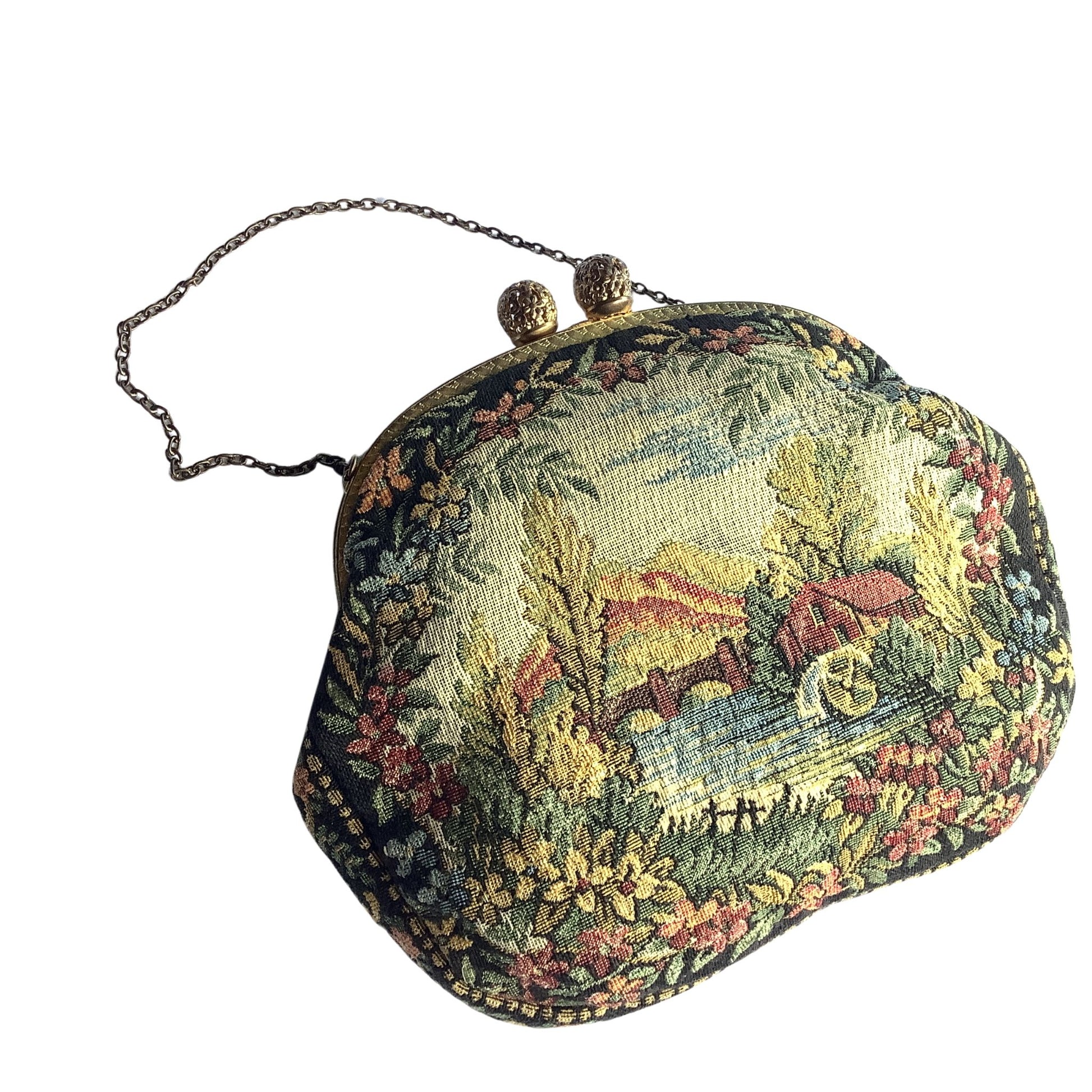 Vintage Tapestry Purse with Filigree closure close-up view