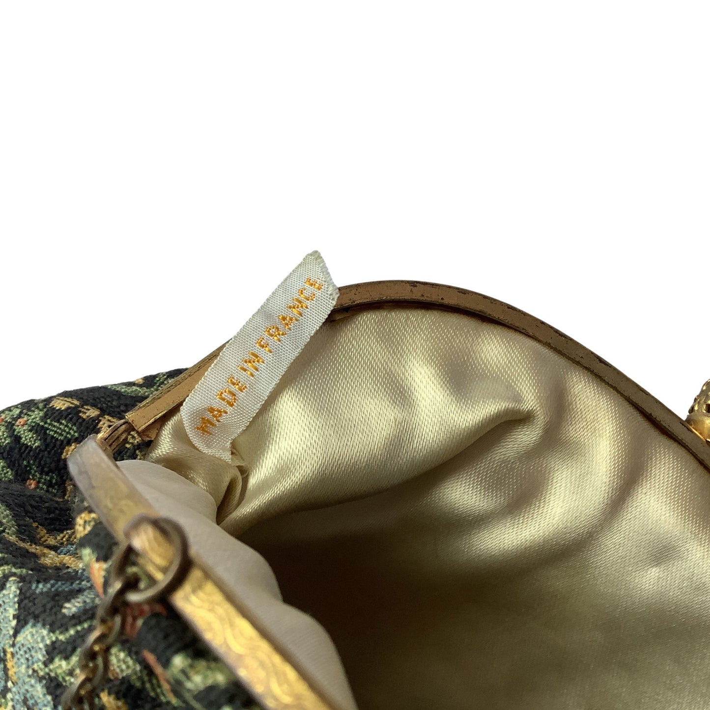Vintage Tapestry Purse with Filigree closure label view