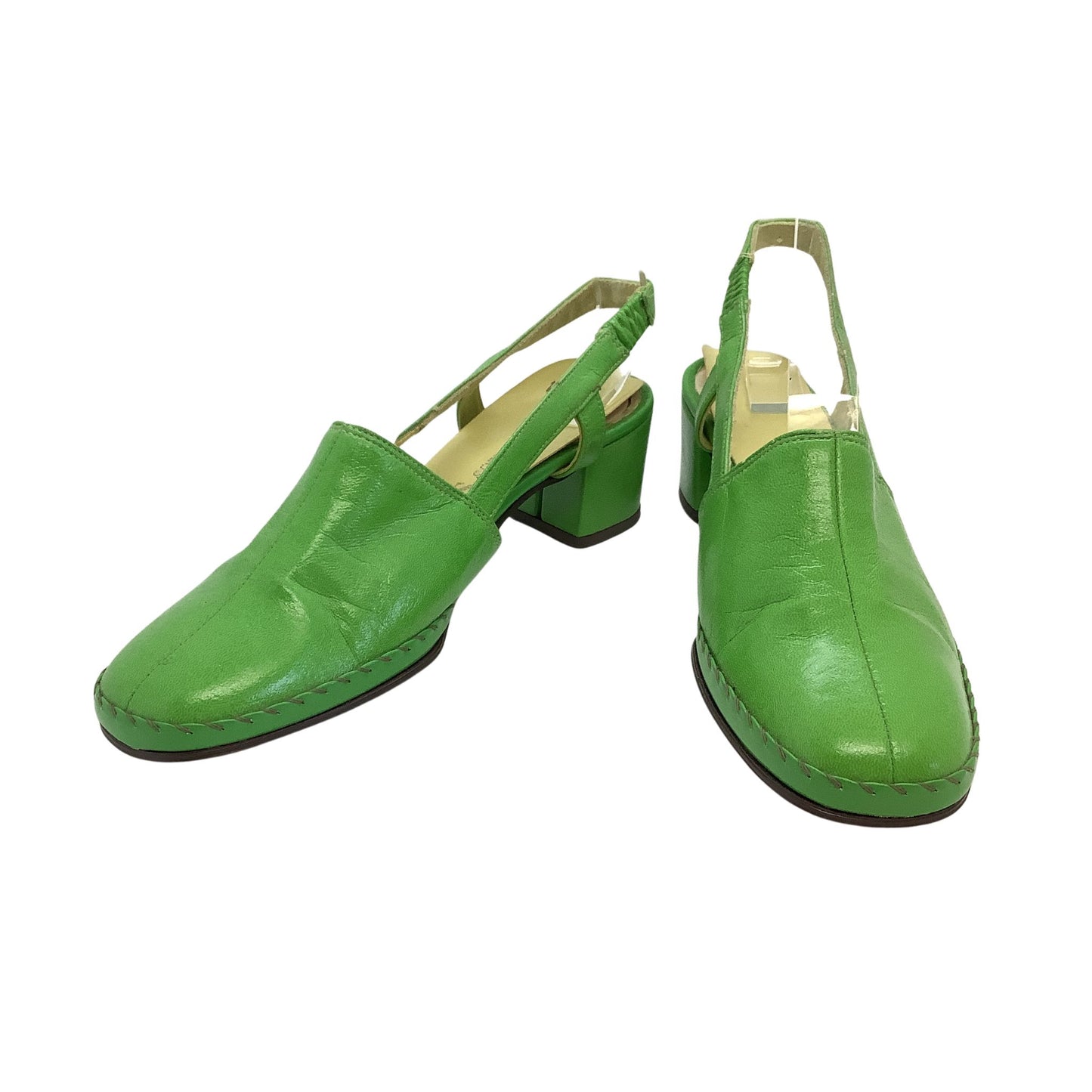 Vintage 1970s Citations apple-green slingbacks, front-side view, round toe, chunky block heel, elastic strap.