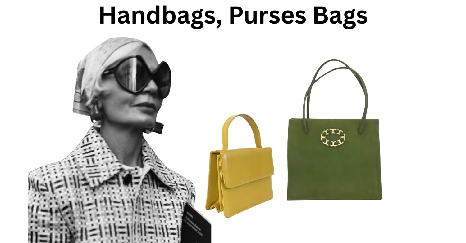 A collage-style product image with the text 'Handbags, Purses Bags' at the top. Two handbags one yellow, one green. On the left is a black-and-white photo of a woman wearing a patterned jacket and headscarf, holding a document.