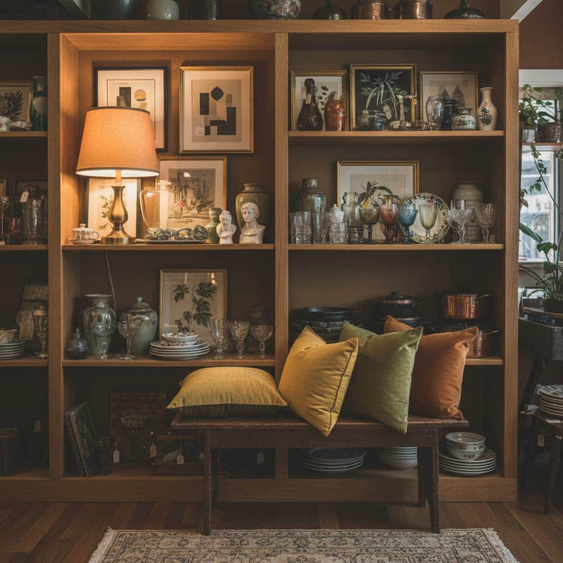 Wooden bookshelf filled with decorative items and a bench with colorful pillows in a cozy room.