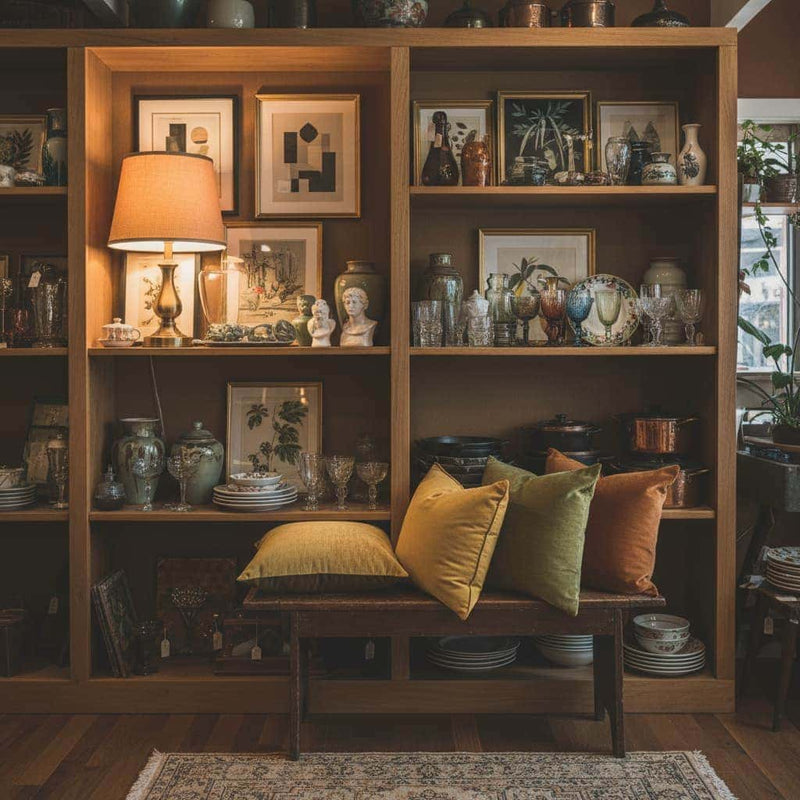Wooden bookshelf with decorative items including a lamp, pictures, and vases, with a bench in front.