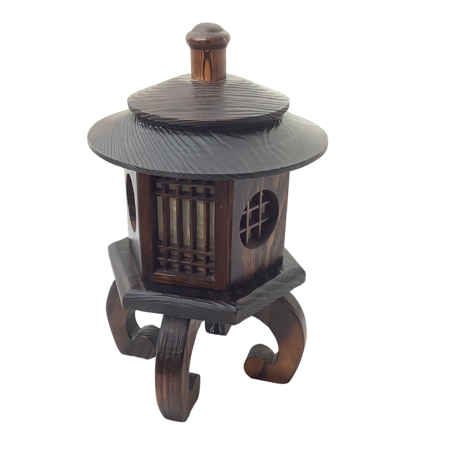 A dark brown traditional Japanese style lamp with decorative wooden cap, lattice window, and curved legs, isolated on a white background.