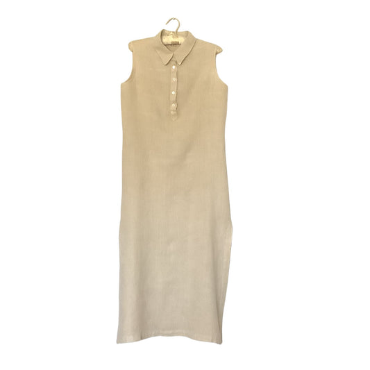 A sleeveless beige linen polo dress with a short button placket, hanging on a hanger against a plain white background.