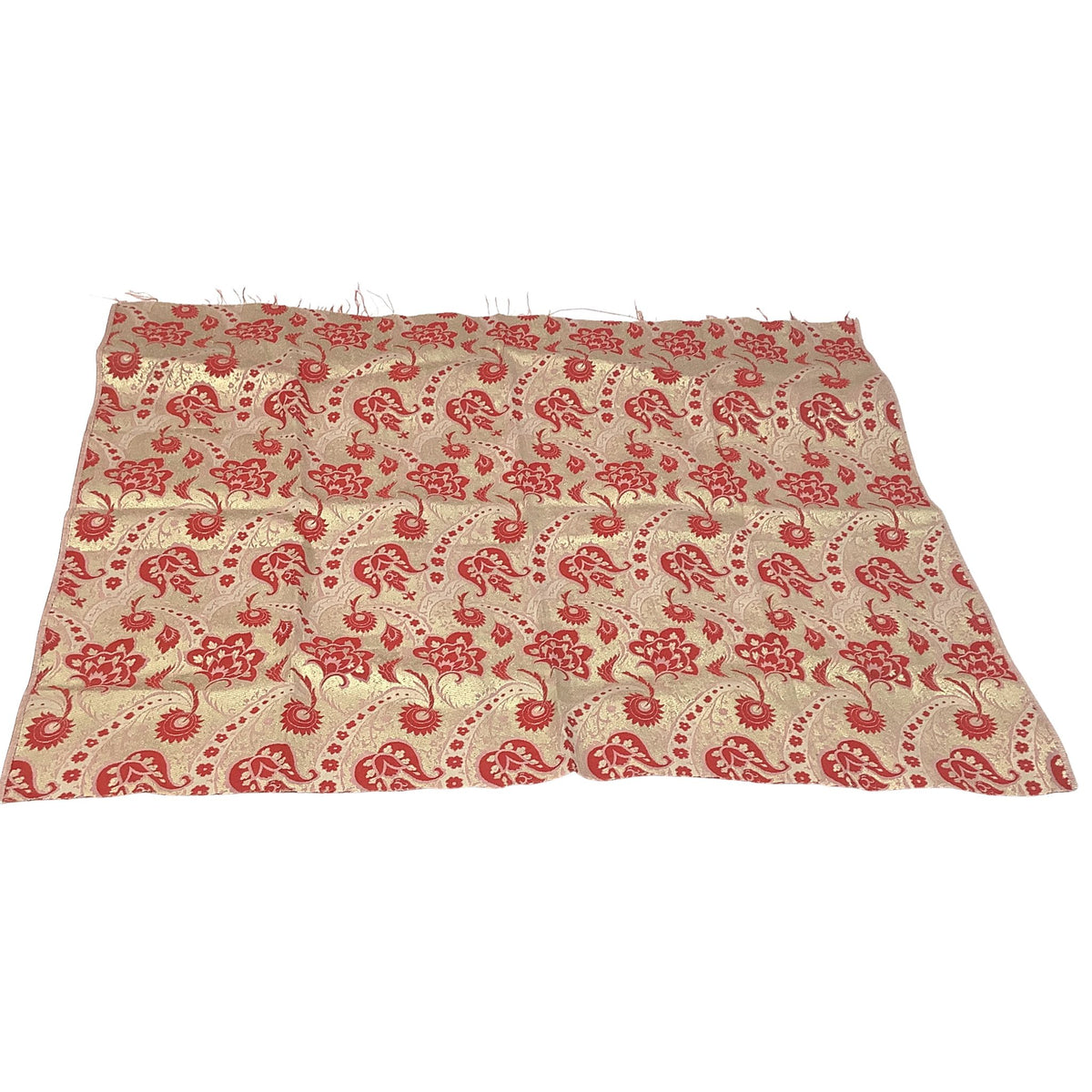 A piece of metallic gold and red fabric with stylyzed floral pattern, displayed against a plain white background.