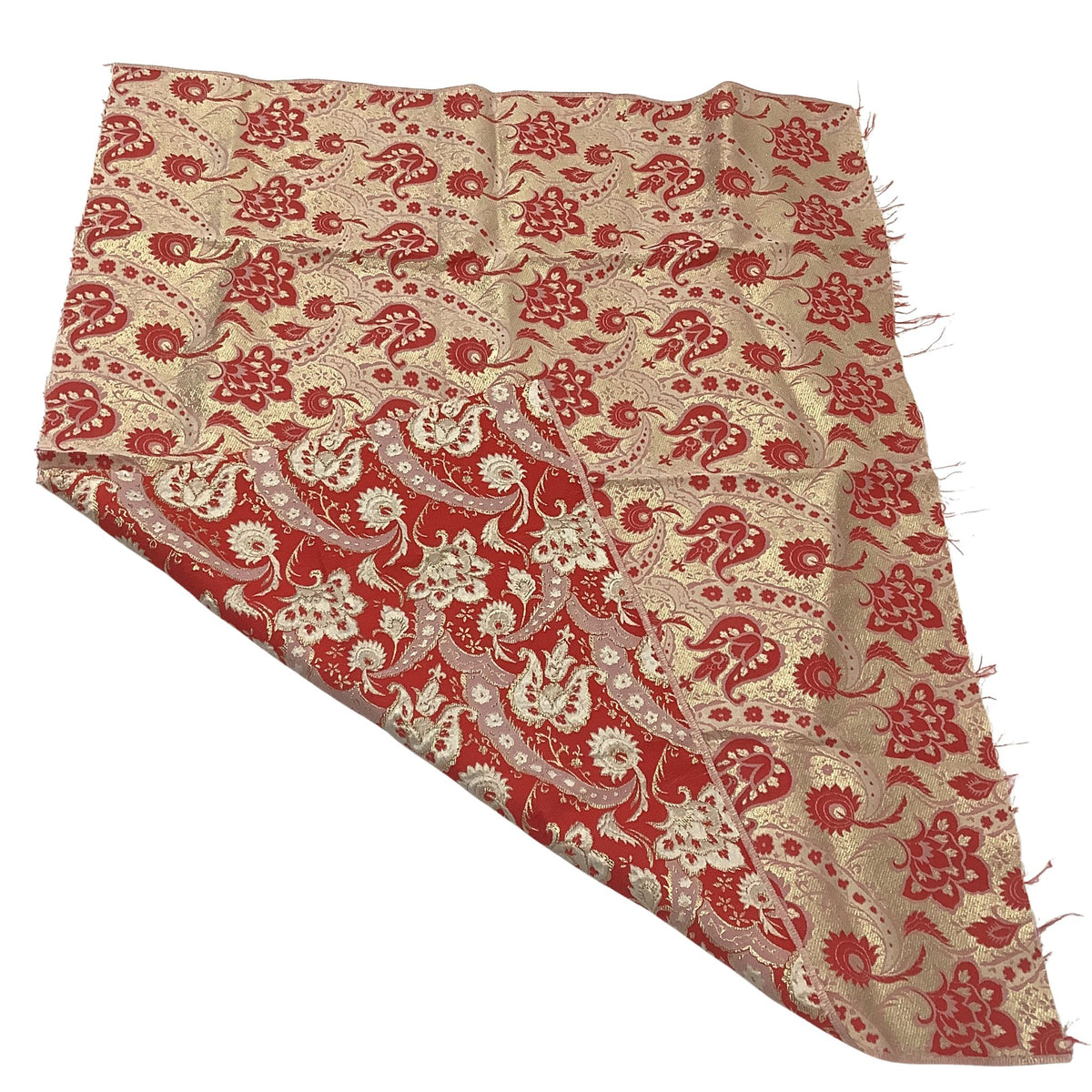 Vintage 1960s gold and red brocade fabric sample front with folded corner showing backside of fabric. 
