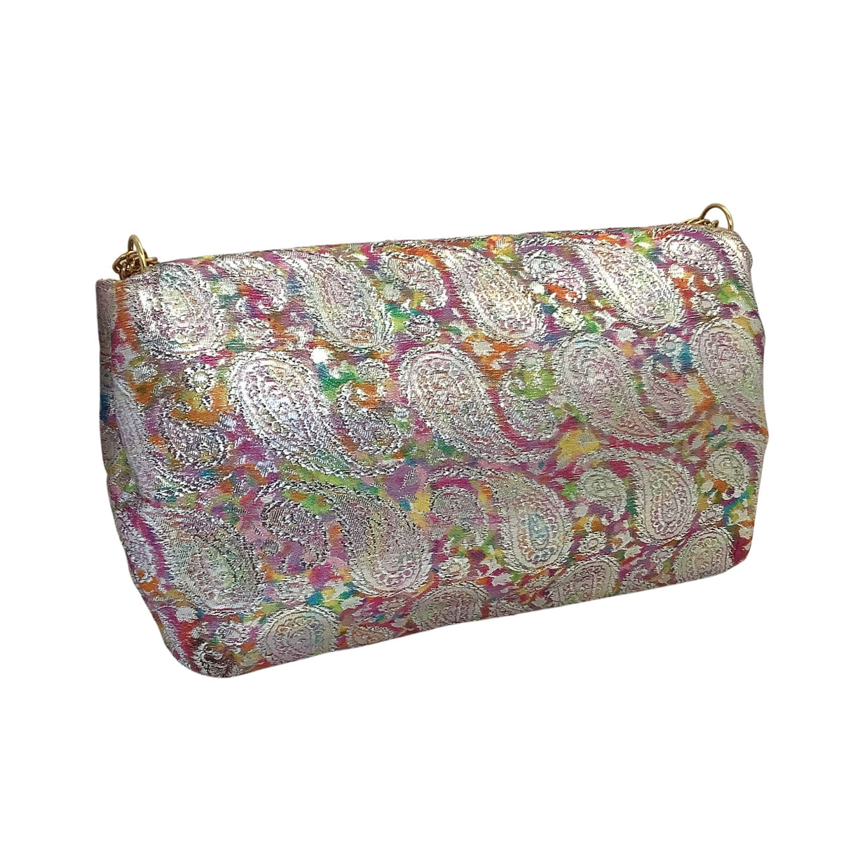 Back view of Frenchy of Califronia psychedelic clutch bag with a metallic silver paisley pattern woven with vibrant multicolor threads, featuring gold-tone hardware on a plain white background.