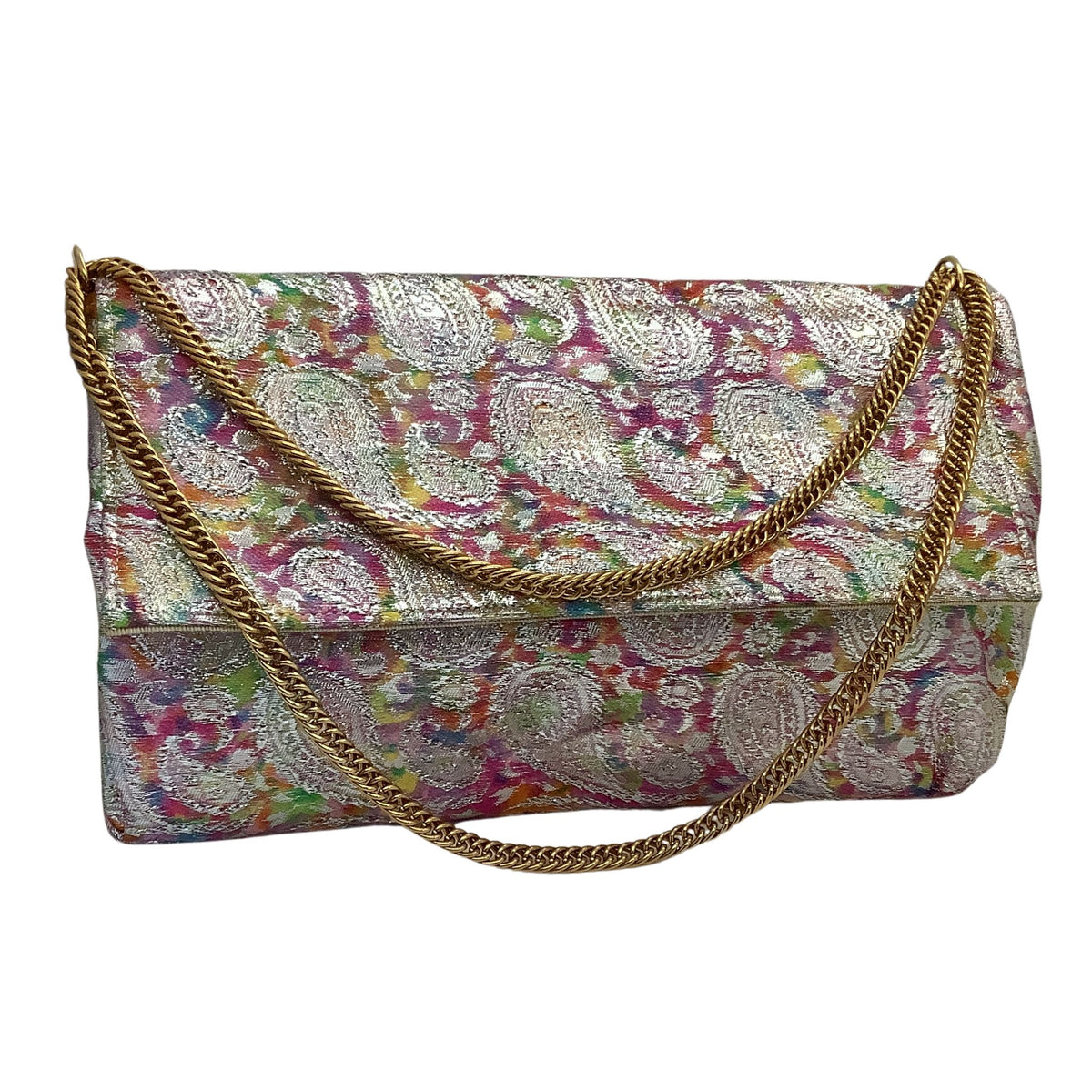 Frenchy of California clutch handbag with a metallic silver paisley brocade pattern and a gold-tone chain strap, shown against a plain white background.