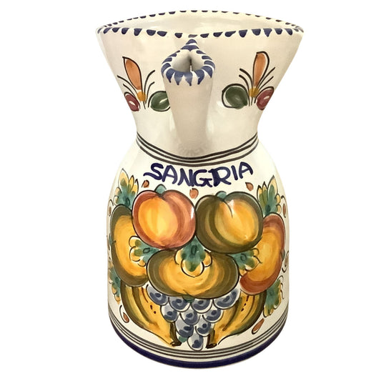 Ceramic sangria pitcher front view with hand-painted fruit design on white background