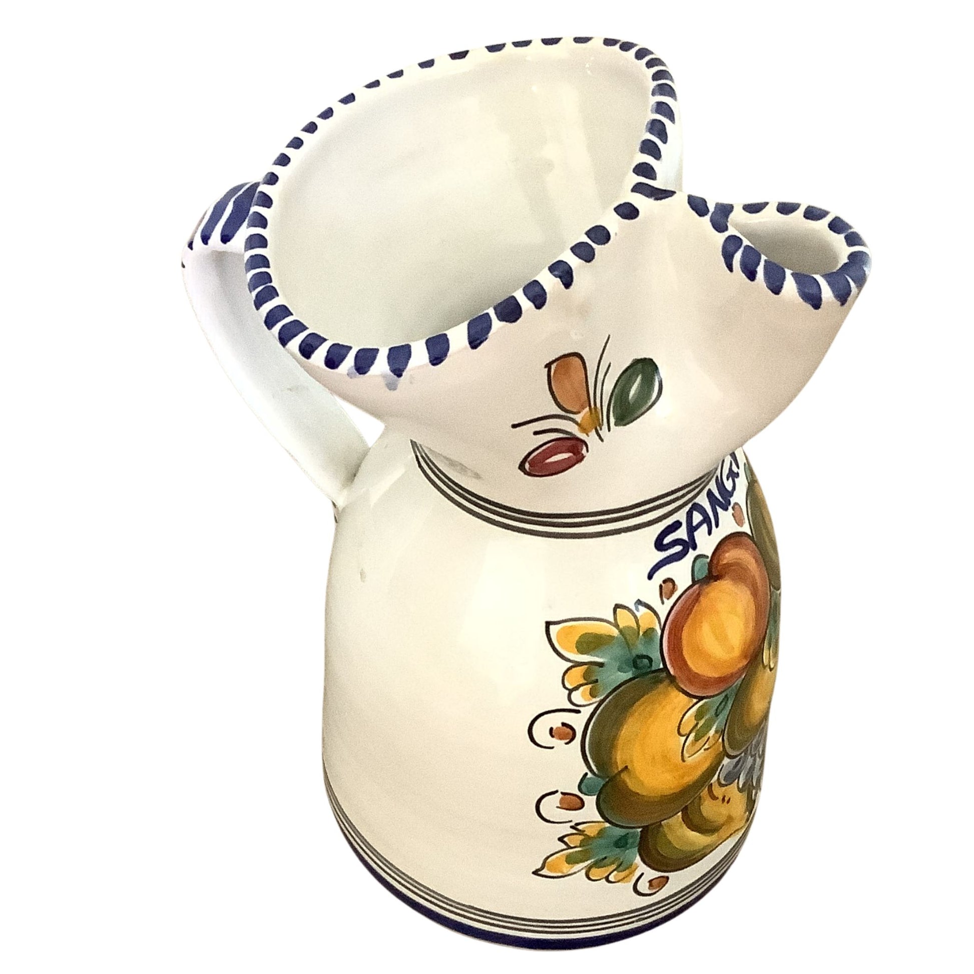Vintage ceramic sangria pitcher left view with hand-painted fruit motifs on white background