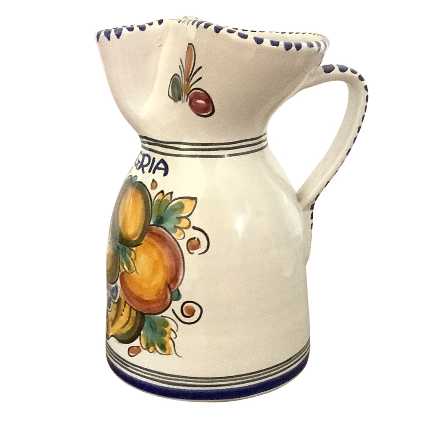 Vintage ceramic sangria pitcher right side showing multicolor artwork on white background
