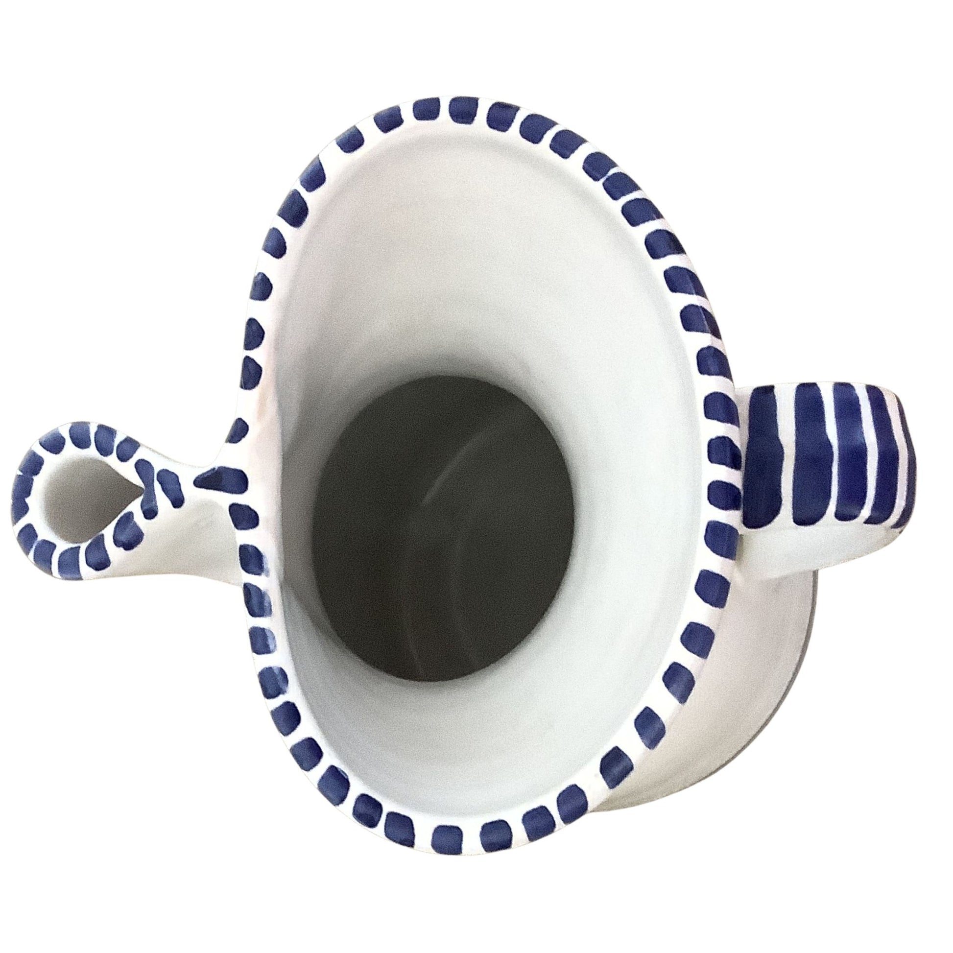 Vintage ceramic sangria pitcher top view with hand-painted blue elements on white background