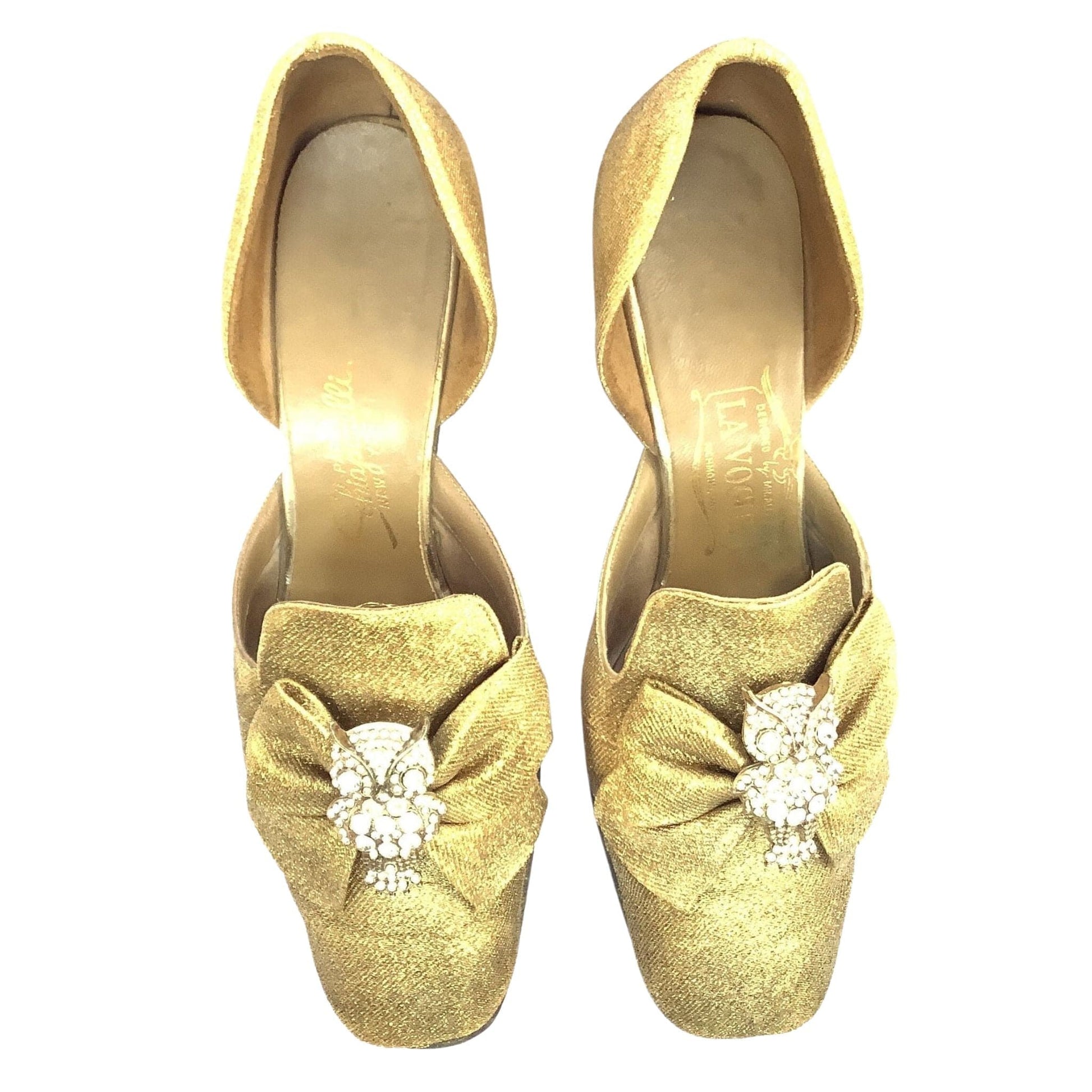 Vintage Schiaparelli Heels 7.5 / Gold / Vintage 1950s