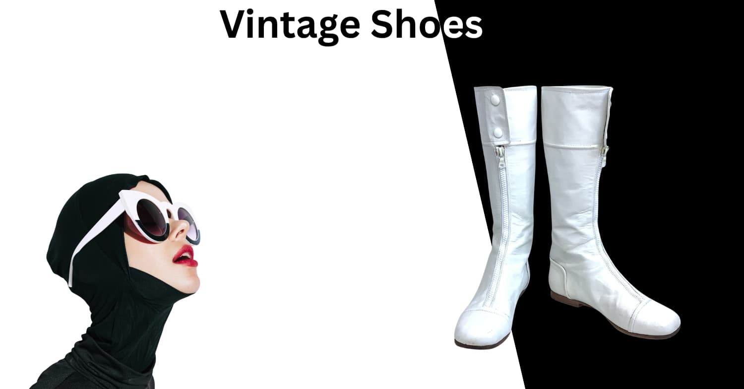 A pair of tall white boots shown beside a cropped model wearing white sunglasses and a black head covering, with the text 'Vintage Shoes' at the top. The background is split diagonally between white on the left and black on the right.