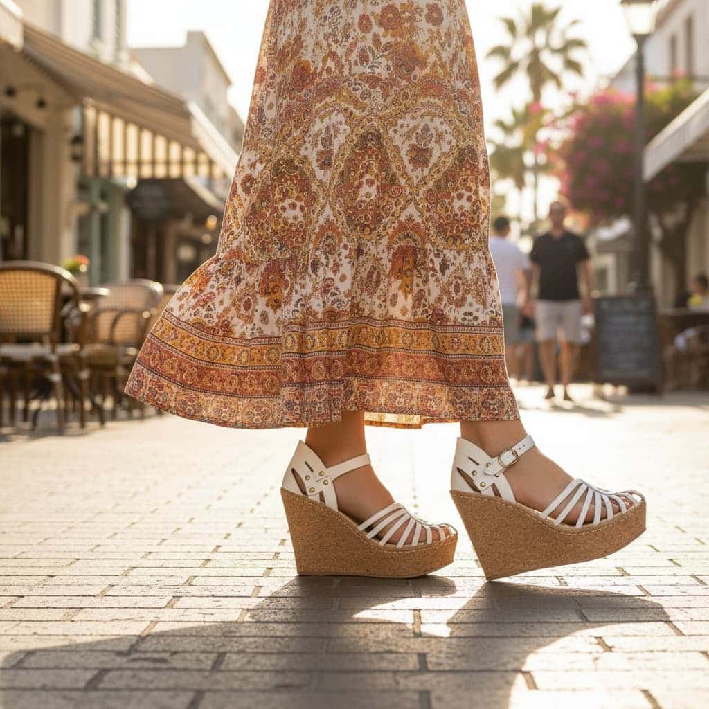Person wearing a patterned skirt and white wedge sandals on a sunny street.