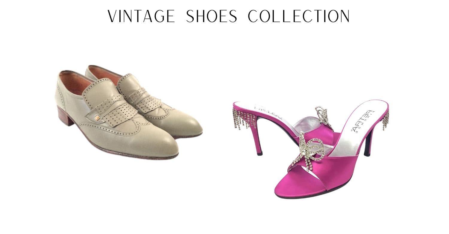 Vintage shoes collection with a beige shoe and a pink high-heeled shoe on a white background.