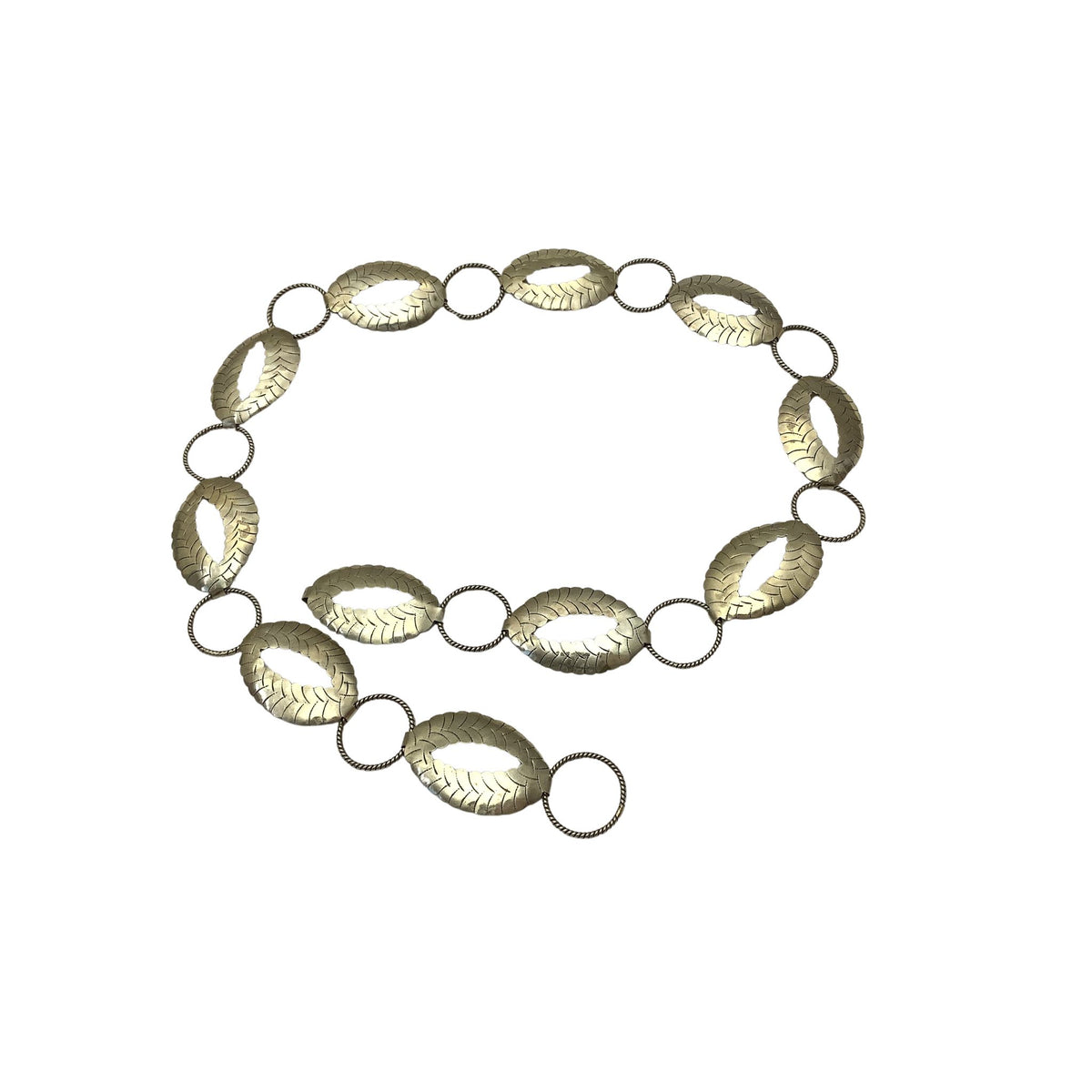 A gold-toned metal link chain belt with elongated oval links featuring a textured leaf or feather pattern, separated by small circular links, shown on a plain white background.