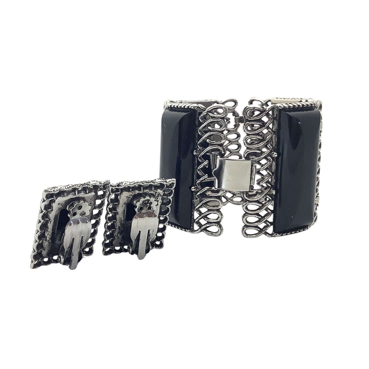 Vintage 1950s Silver bracelet with black stones and back view of earrings 