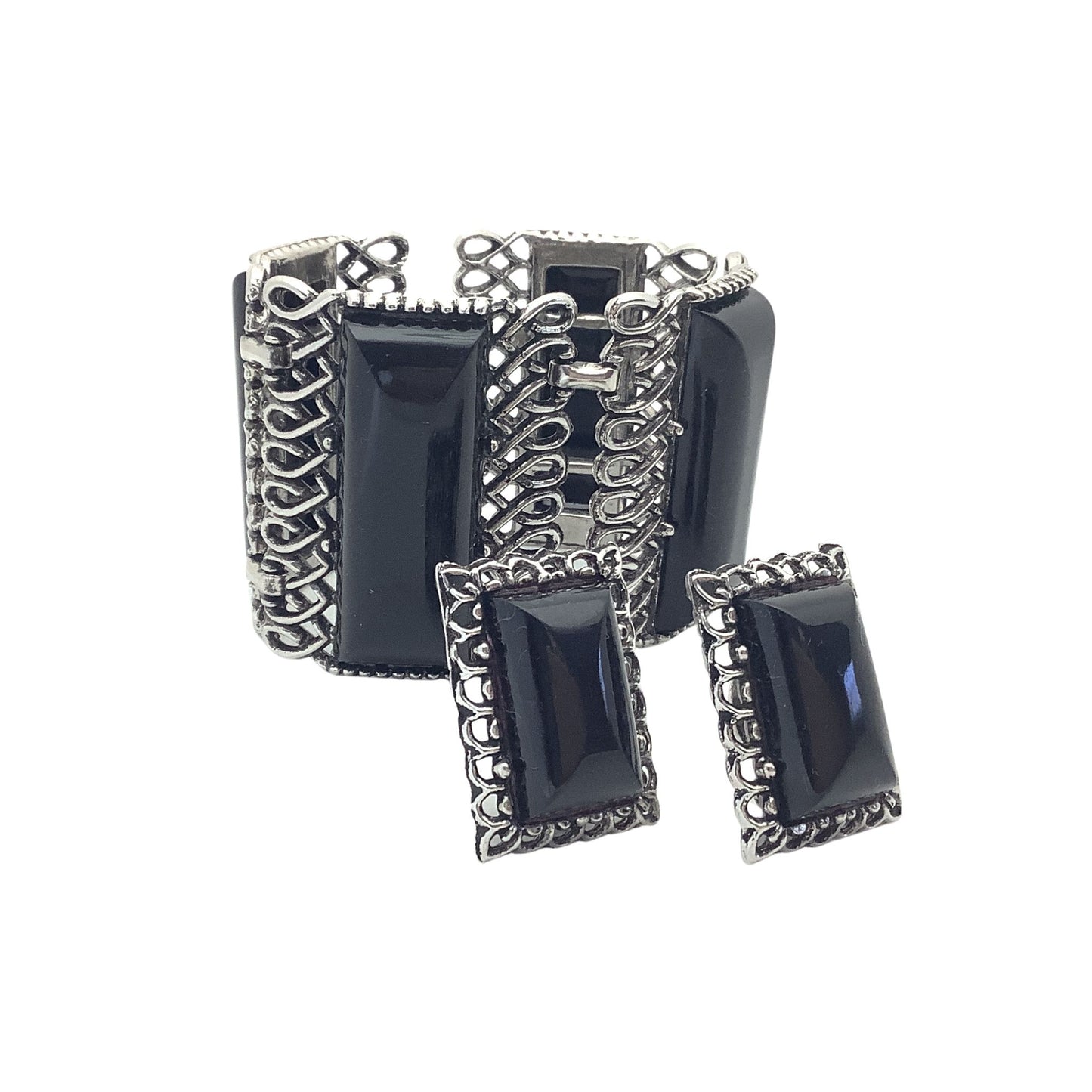Mid Century Black and silver bracelet with matching earrings