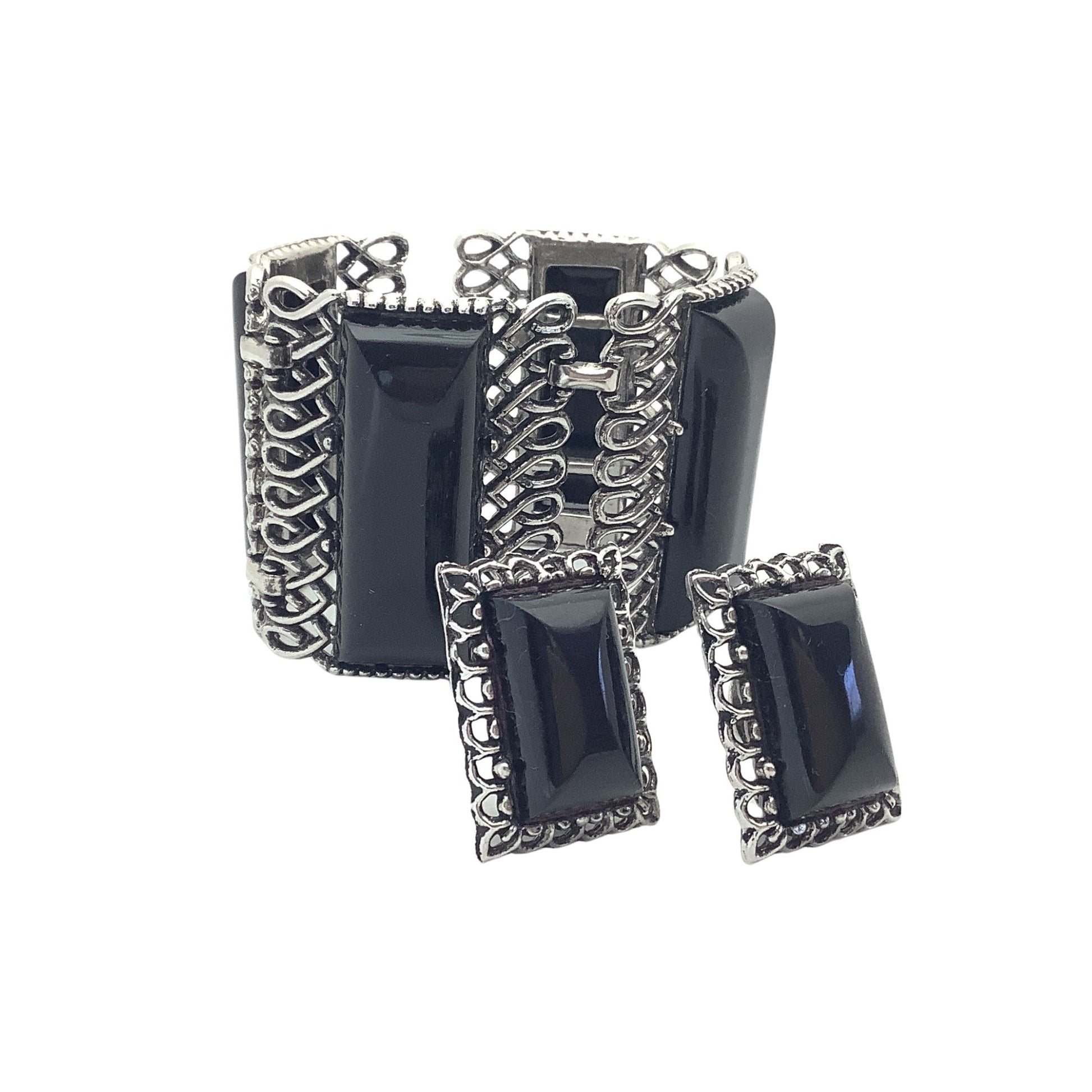 Mid Century Black and silver bracelet with matching earrings