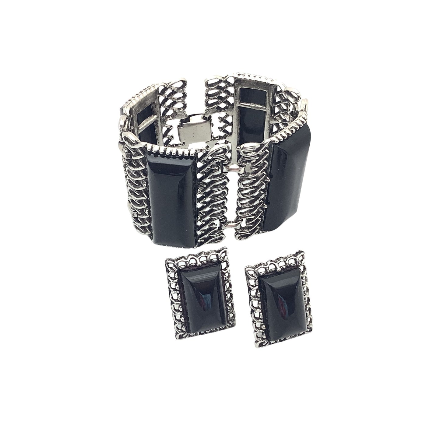 Faux Onyx Jewelry set with silver-tone metal scroll-work 
