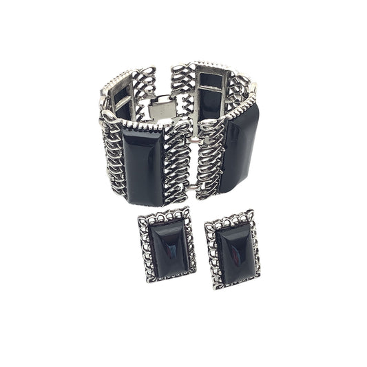 Faux Onyx Jewelry set with silver-tone metal scroll-work 