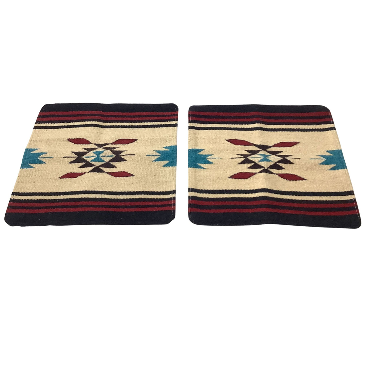 Pair of Y2K Southwestern wool pillow covers in beige, black, burgundy, and turquoise