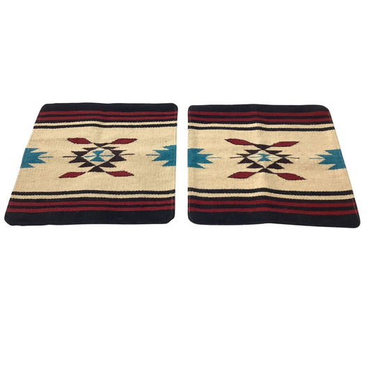 Pair of Y2K Southwestern wool pillow covers in beige, black, burgundy, and turquoise