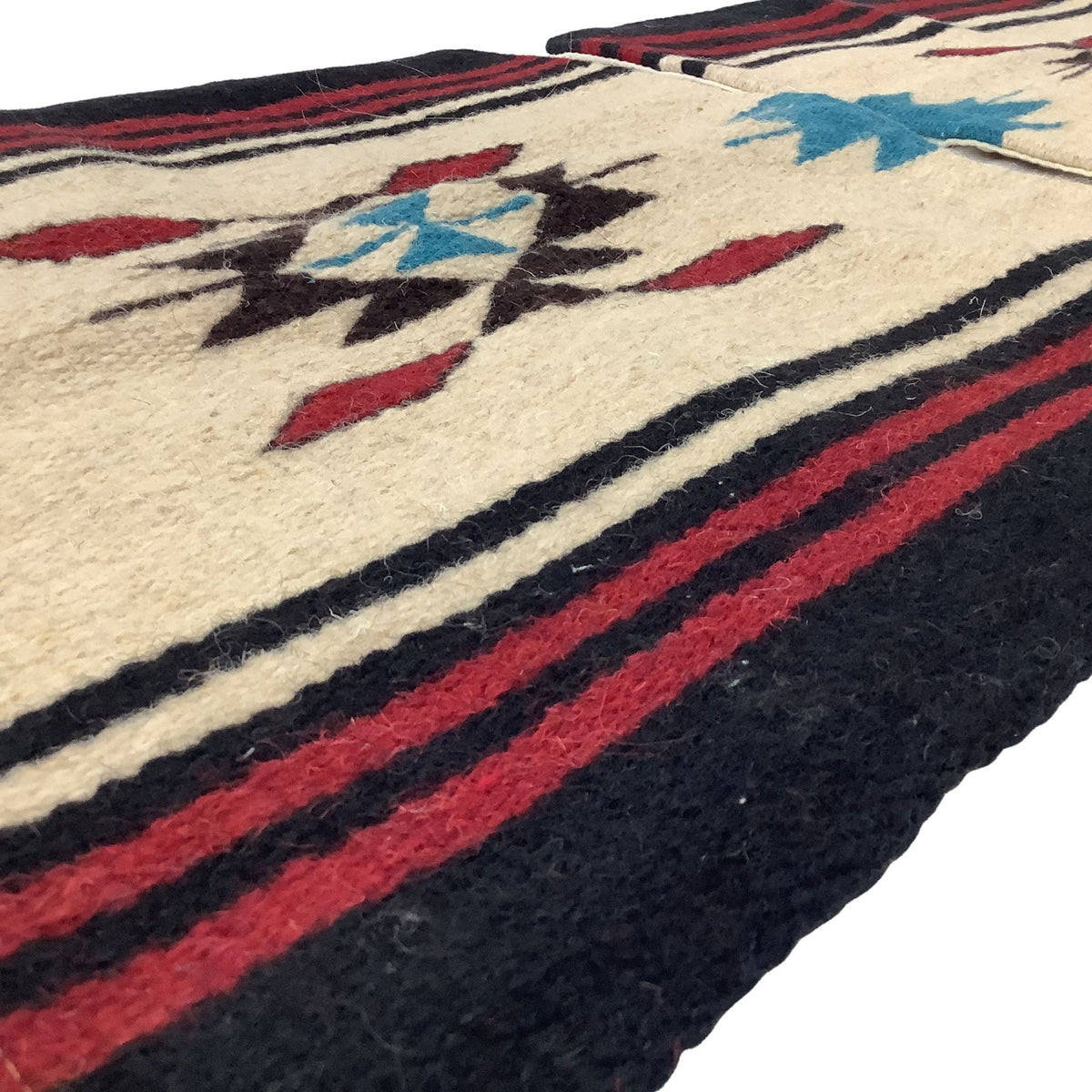 Close-up of the woven wool texture and multicolor geometric pattern