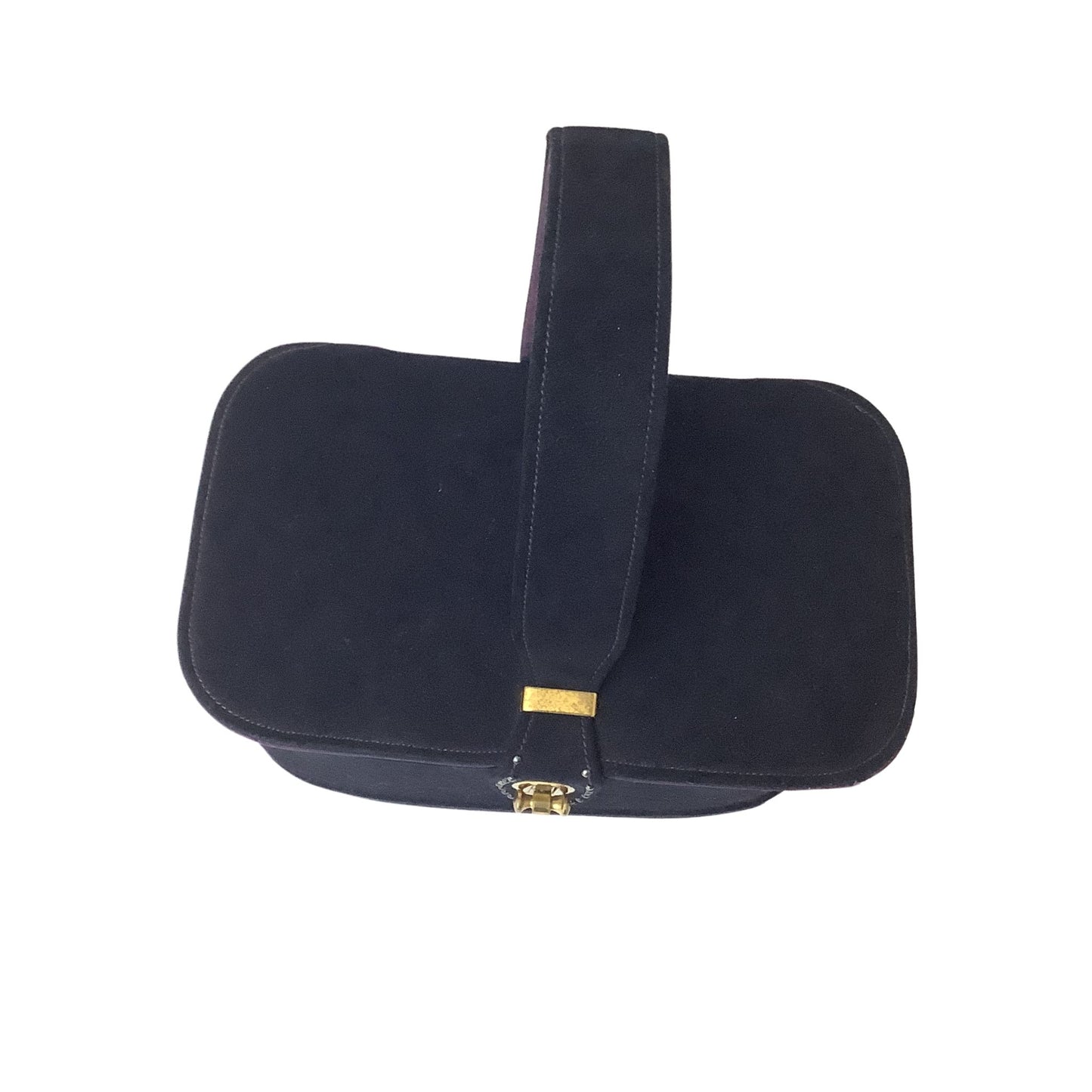 Top view of vintage black suede top handle Stylecraft handbag and gold-tone hardware