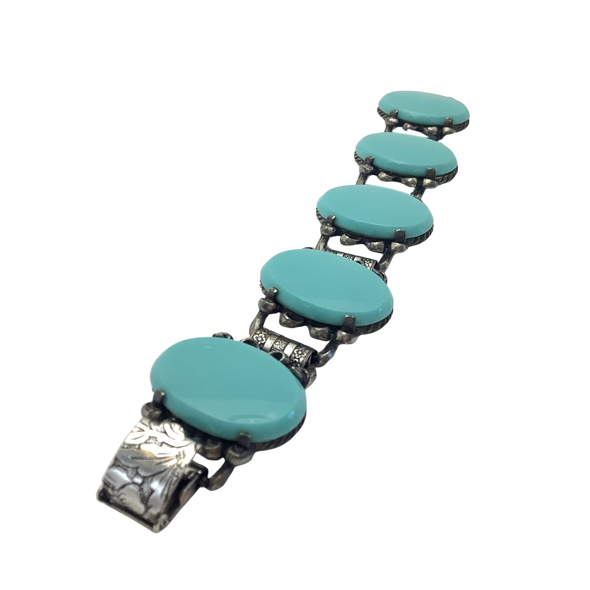 Vintage Turquoise Blue Glass Bracelet Detail Engraving View