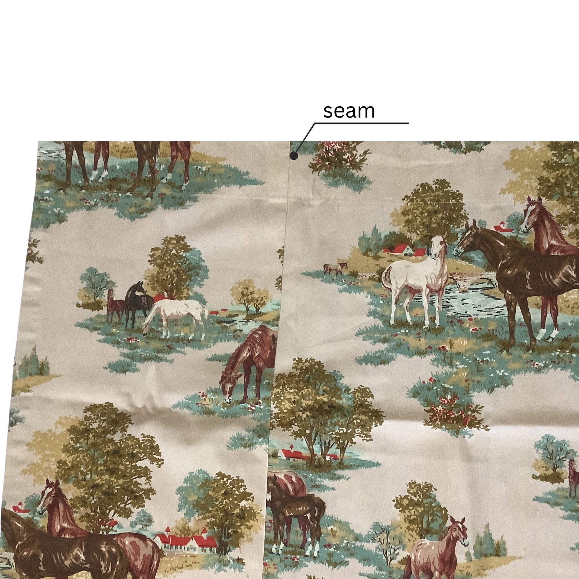Seam view of vintage western curtain. text reading 'seam'