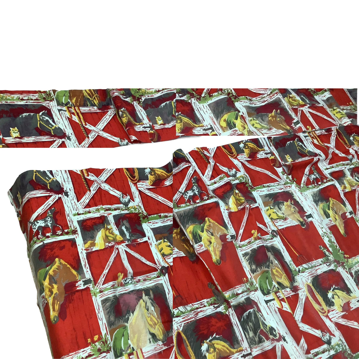 Vintage western themed curtains and valance close-up featuring  red fabric with a repeating barn-door style print featuring horses in stalls.
