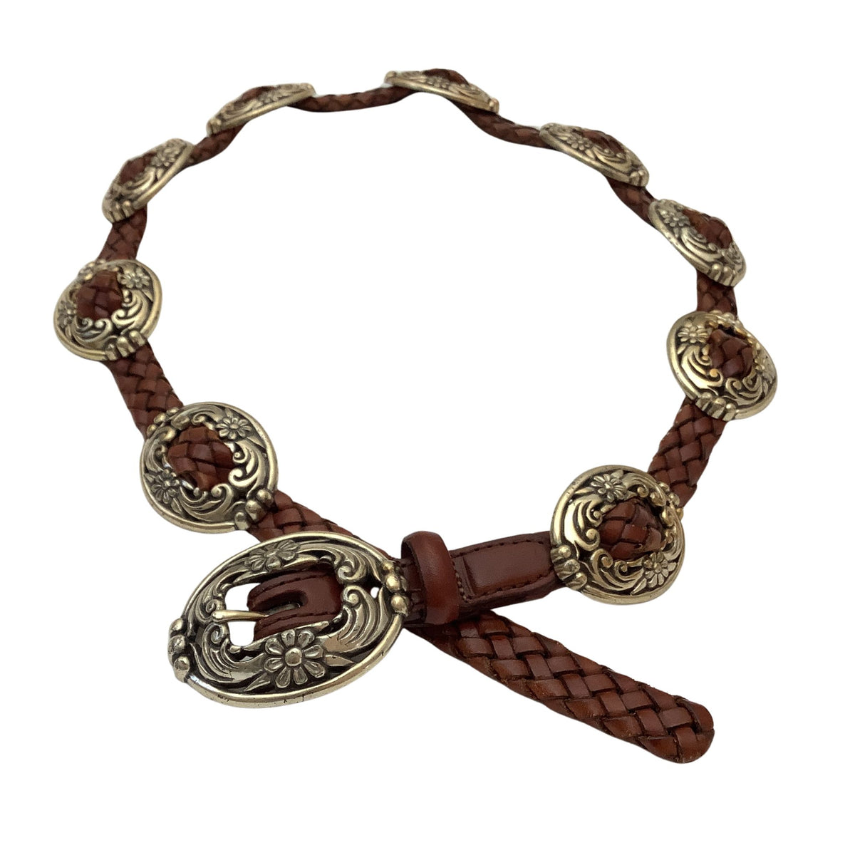A brown braided leather belt with ornate antique bronze Conchos and a matching buckle, displayed on a clean white background.
