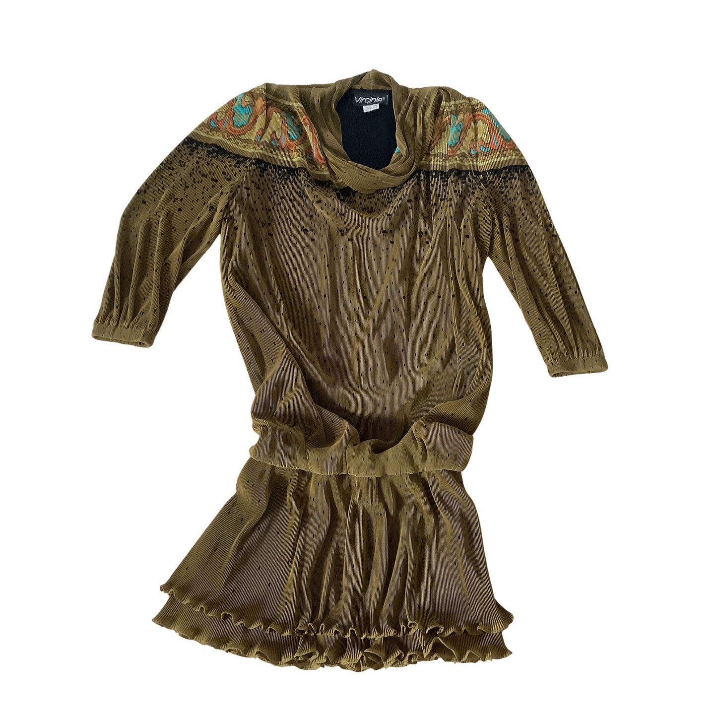 An olive green dress view of sleeves ruffled hem, and a colorful Art Deco yoke detail.