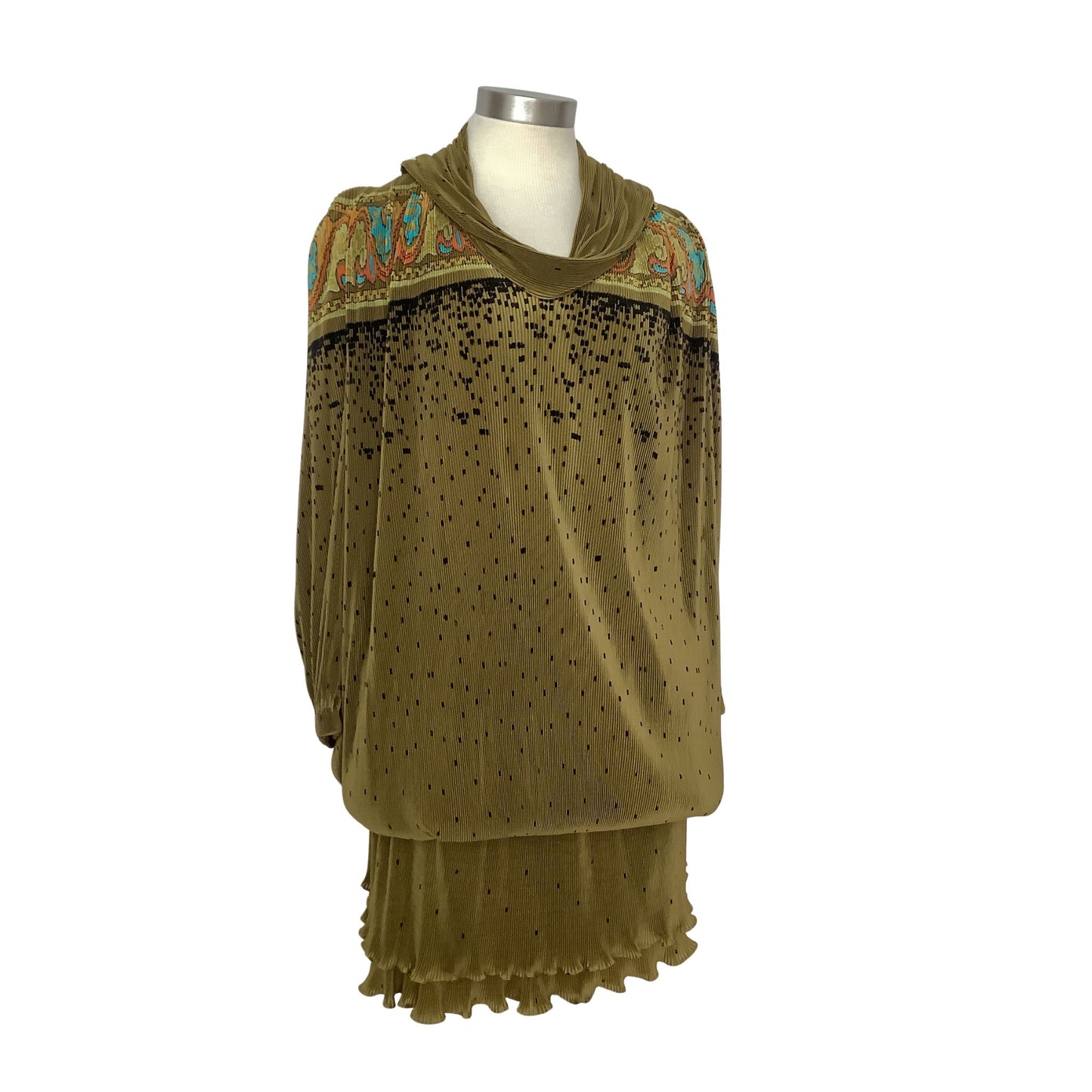 Vintage olive green micro-pleat dress with long-sleeve  displayed on a mannequin.