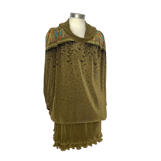 Vintage olive green micro-pleat dress with long-sleeve  displayed on a mannequin.
