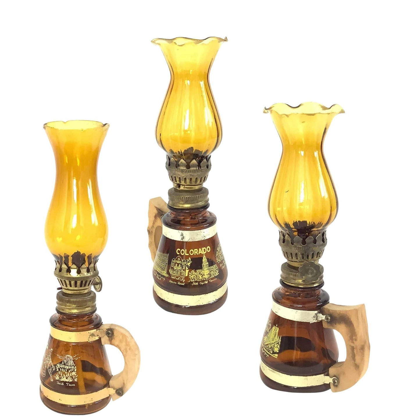 Western Souvenir Oil Lamps Brown / Glass / Vintage 1950s