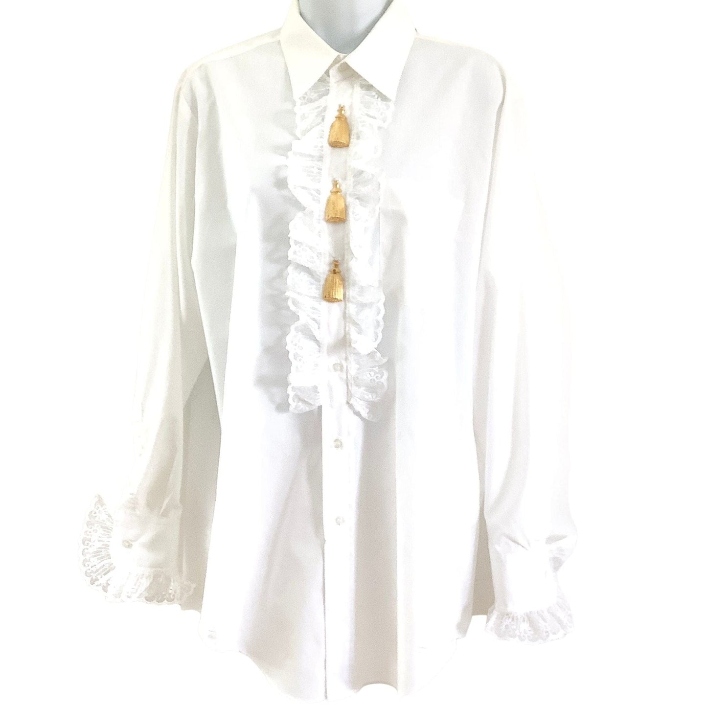 1980s Baroque White Ruffle Blouse with Gold Tassel Details