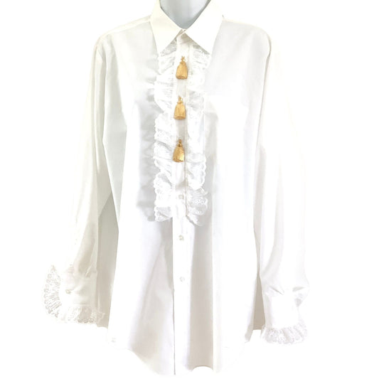 1980s Baroque White Ruffle Blouse with Gold Tassel Details
