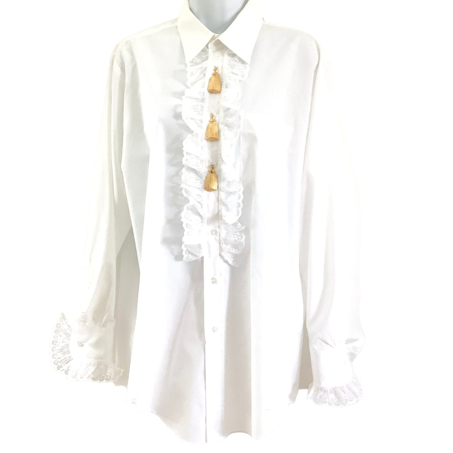 1980s Baroque White Ruffle Blouse with Gold Tassel Details