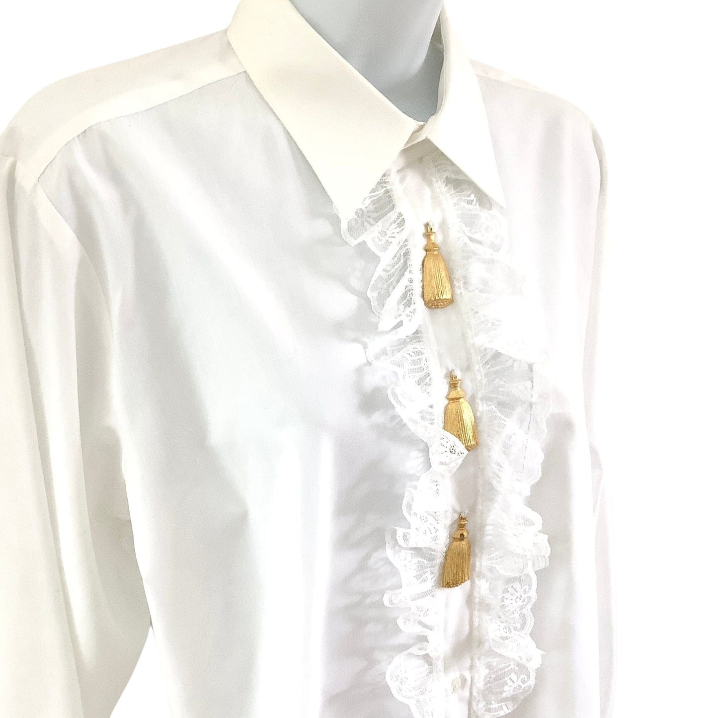 1980s Baroque White Ruffle Blouse with Gold Tassel Details