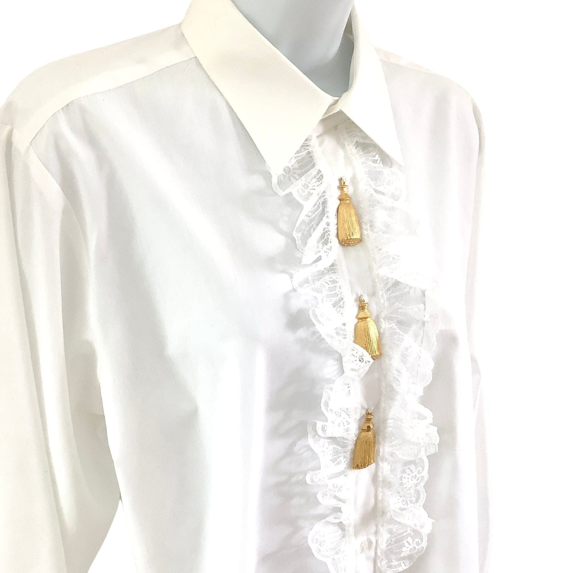 1980s Baroque White Ruffle Blouse with Gold Tassel Details